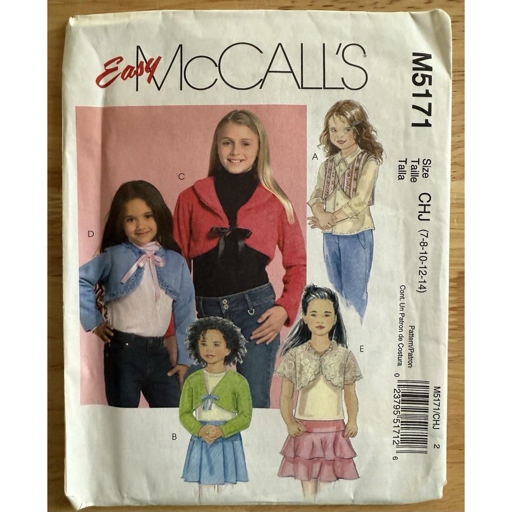 McCall's Easy Pattern M5171 Girls Lined & Unlined‎ Shrugs Size 7-14 Uncut FF